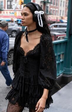 For Love & Lemons | Ellis Mini Dress in Black Romantic Corset Lace Dress S